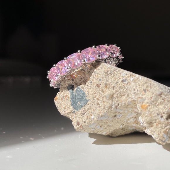 Waterproof Pink Diamond Ring With Silver Band - Picture 3 of 4